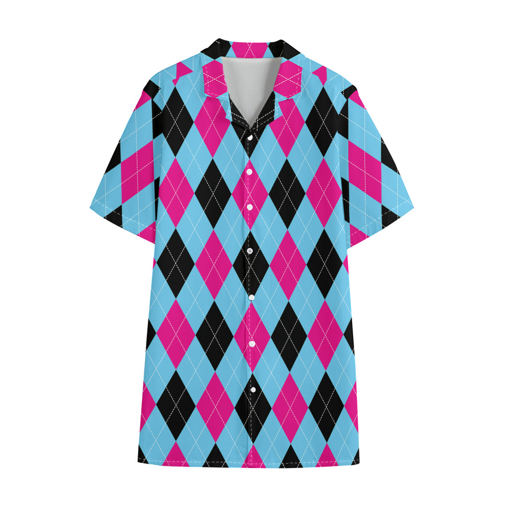 Blue Pink And Black Argyle Pattern Print Cotton Hawaiian Shirt