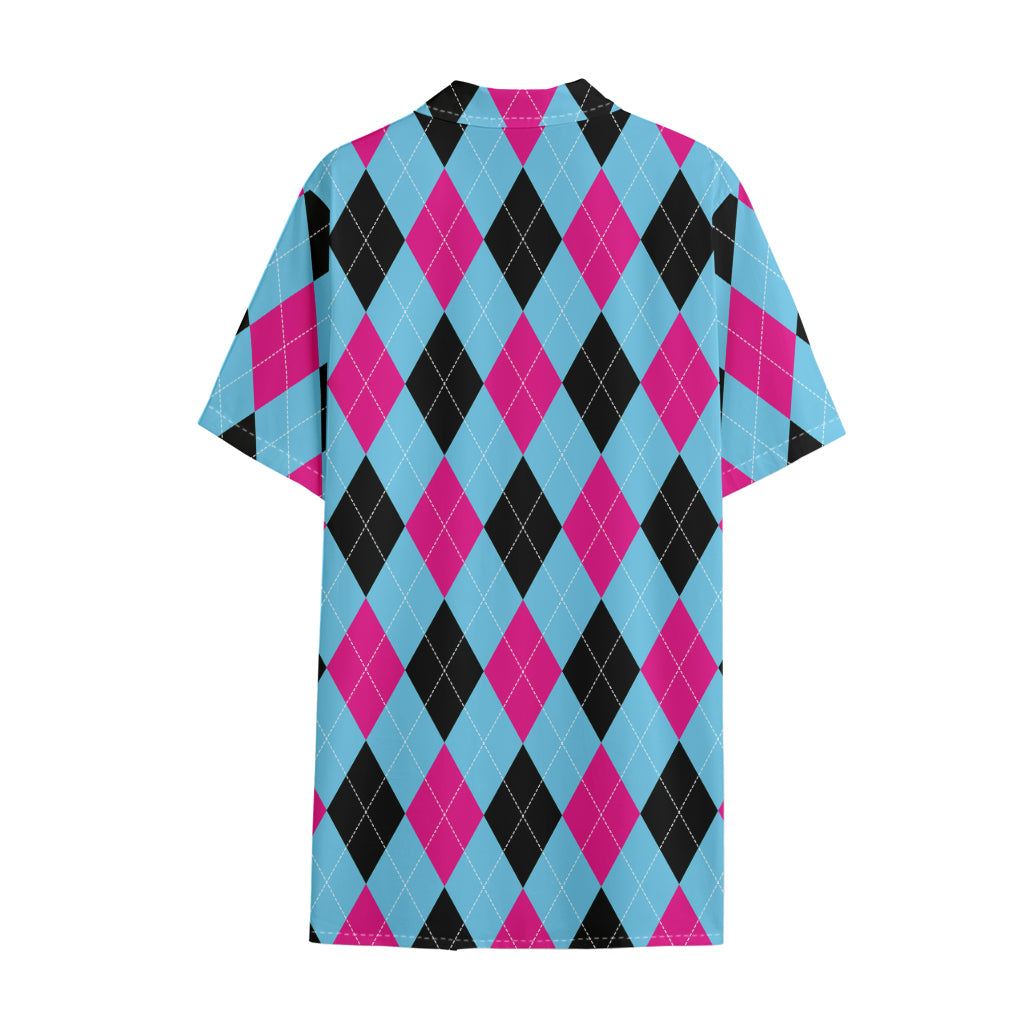 Blue Pink And Black Argyle Pattern Print Cotton Hawaiian Shirt