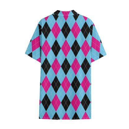 Blue Pink And Black Argyle Pattern Print Cotton Hawaiian Shirt