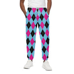 Blue Pink And Black Argyle Pattern Print Cotton Pants