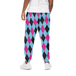 Blue Pink And Black Argyle Pattern Print Cotton Pants