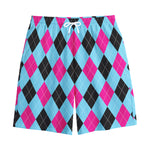 Blue Pink And Black Argyle Pattern Print Cotton Shorts