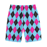Blue Pink And Black Argyle Pattern Print Cotton Shorts
