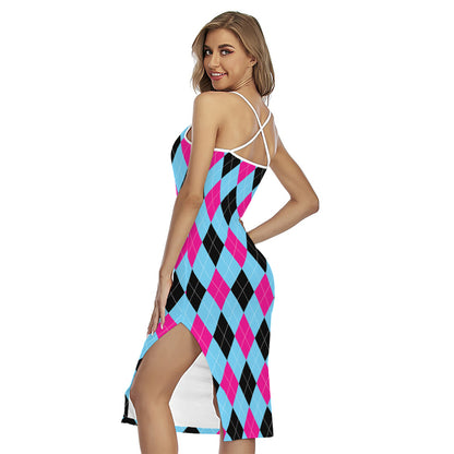 Blue Pink And Black Argyle Pattern Print Cross Back Cami Dress