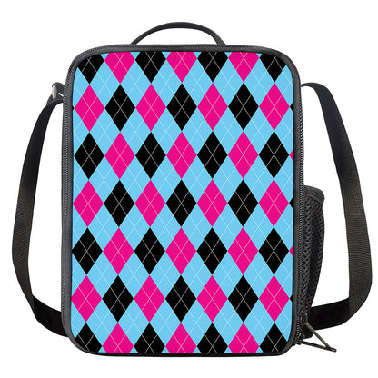 Blue Pink And Black Argyle Pattern Print Crossbody Lunch Bag