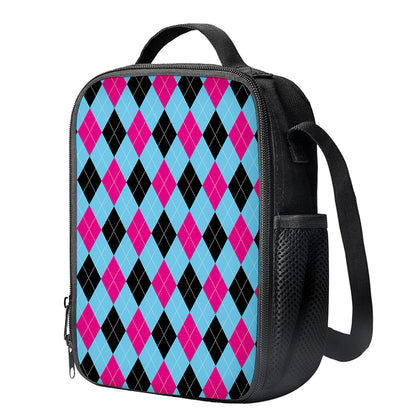 Blue Pink And Black Argyle Pattern Print Crossbody Lunch Bag