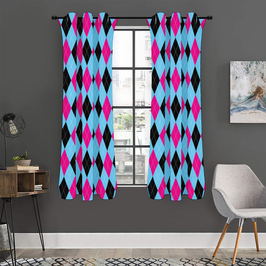 Blue Pink And Black Argyle Pattern Print Curtain