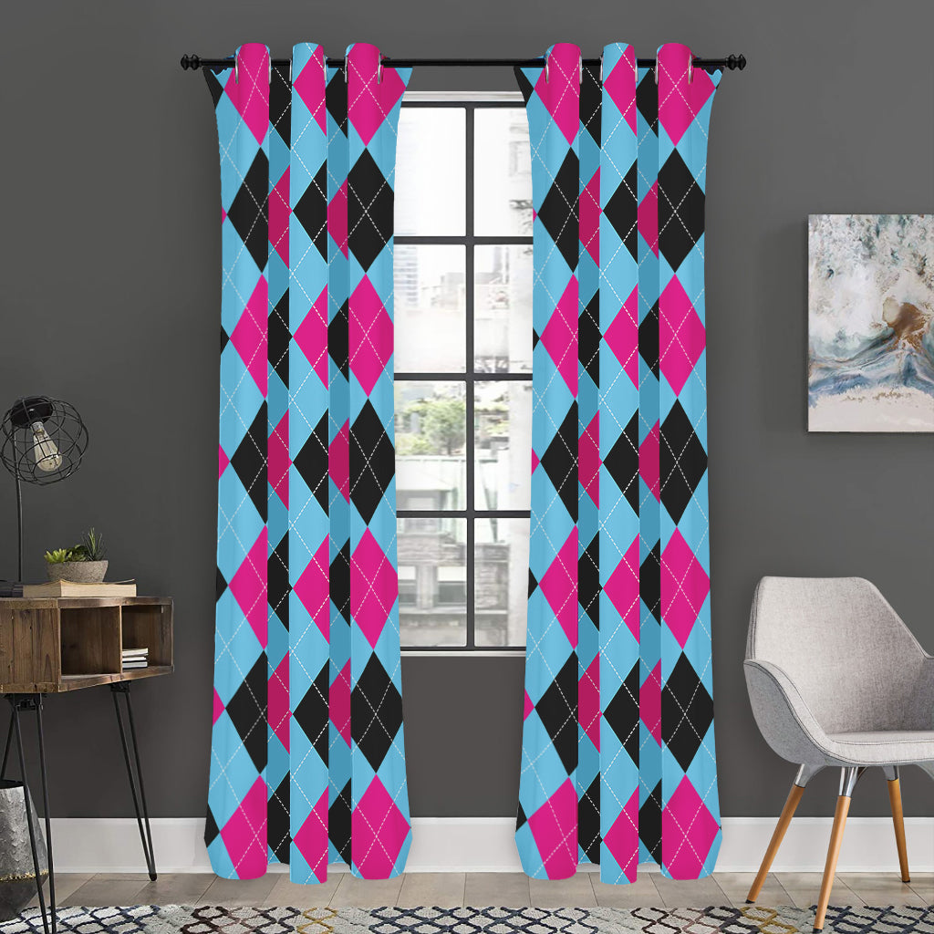 Blue Pink And Black Argyle Pattern Print Curtain