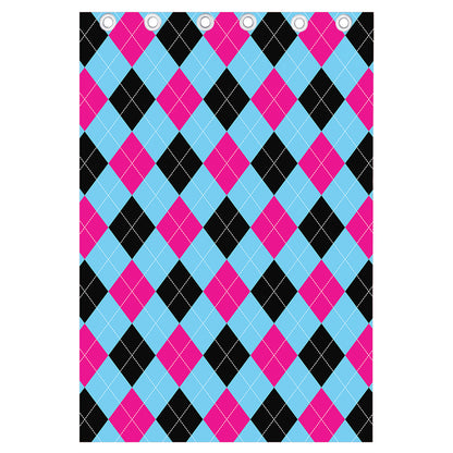 Blue Pink And Black Argyle Pattern Print Curtain