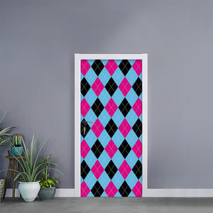 Blue Pink And Black Argyle Pattern Print Door Sticker