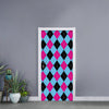 Blue Pink And Black Argyle Pattern Print Door Sticker