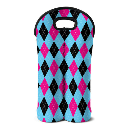 Blue Pink And Black Argyle Pattern Print Double Neoprene Wine Tote