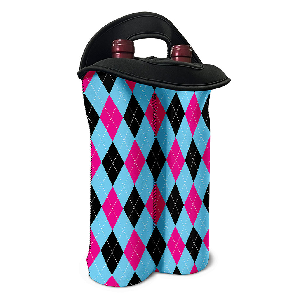 Blue Pink And Black Argyle Pattern Print Double Neoprene Wine Tote