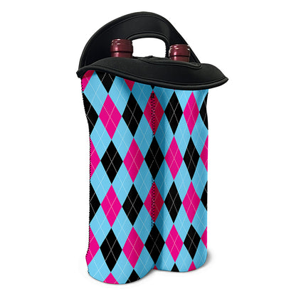 Blue Pink And Black Argyle Pattern Print Double Neoprene Wine Tote