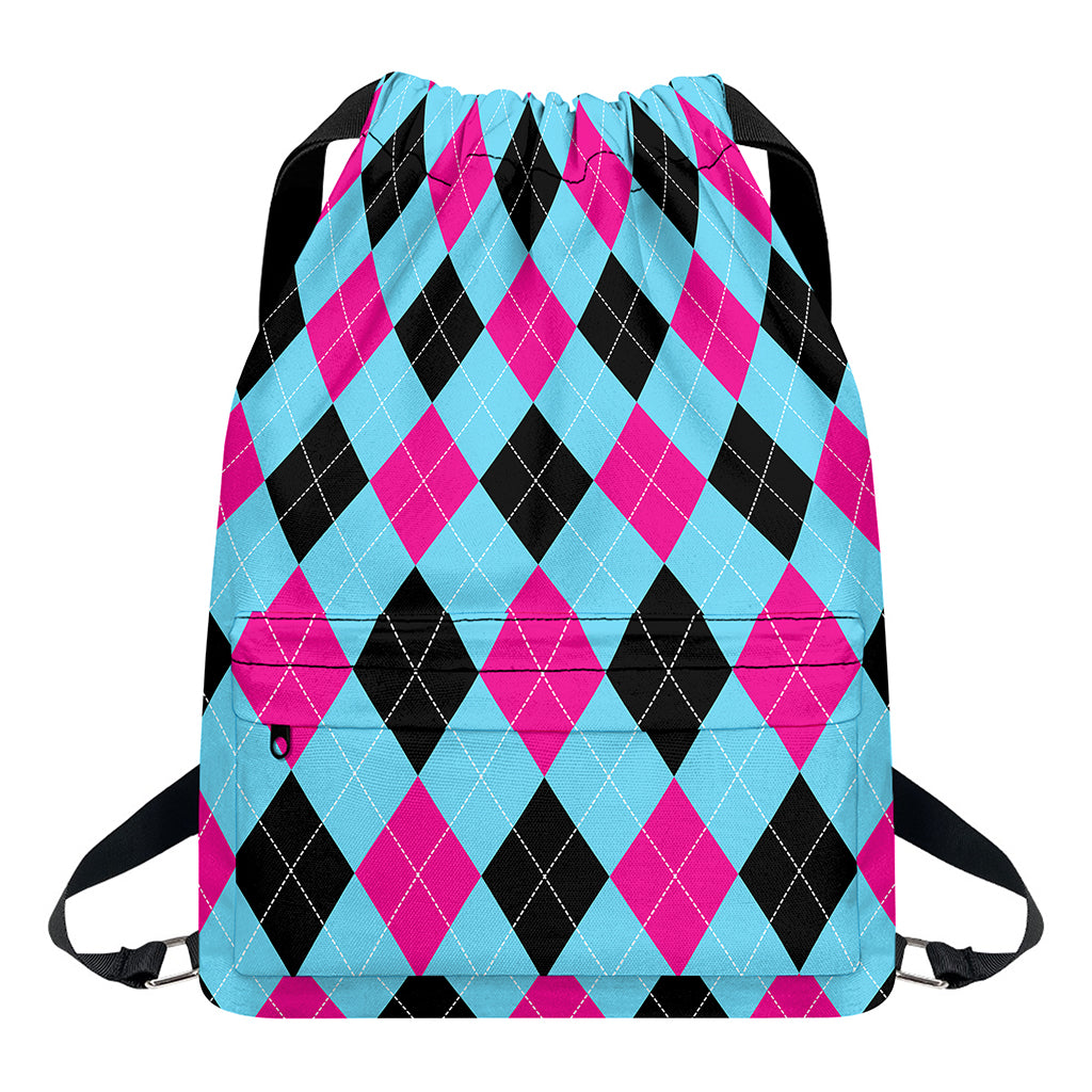 Blue Pink And Black Argyle Pattern Print Drawstring Backpack