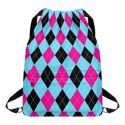 Blue Pink And Black Argyle Pattern Print Drawstring Backpack