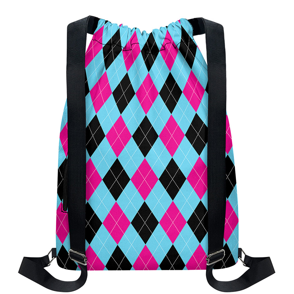 Blue Pink And Black Argyle Pattern Print Drawstring Backpack