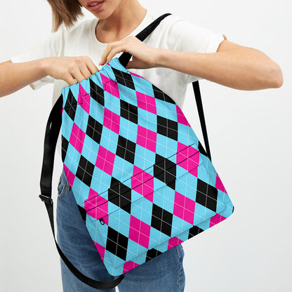 Blue Pink And Black Argyle Pattern Print Drawstring Backpack