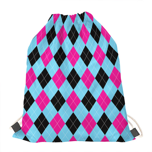 Blue Pink And Black Argyle Pattern Print Drawstring Bag