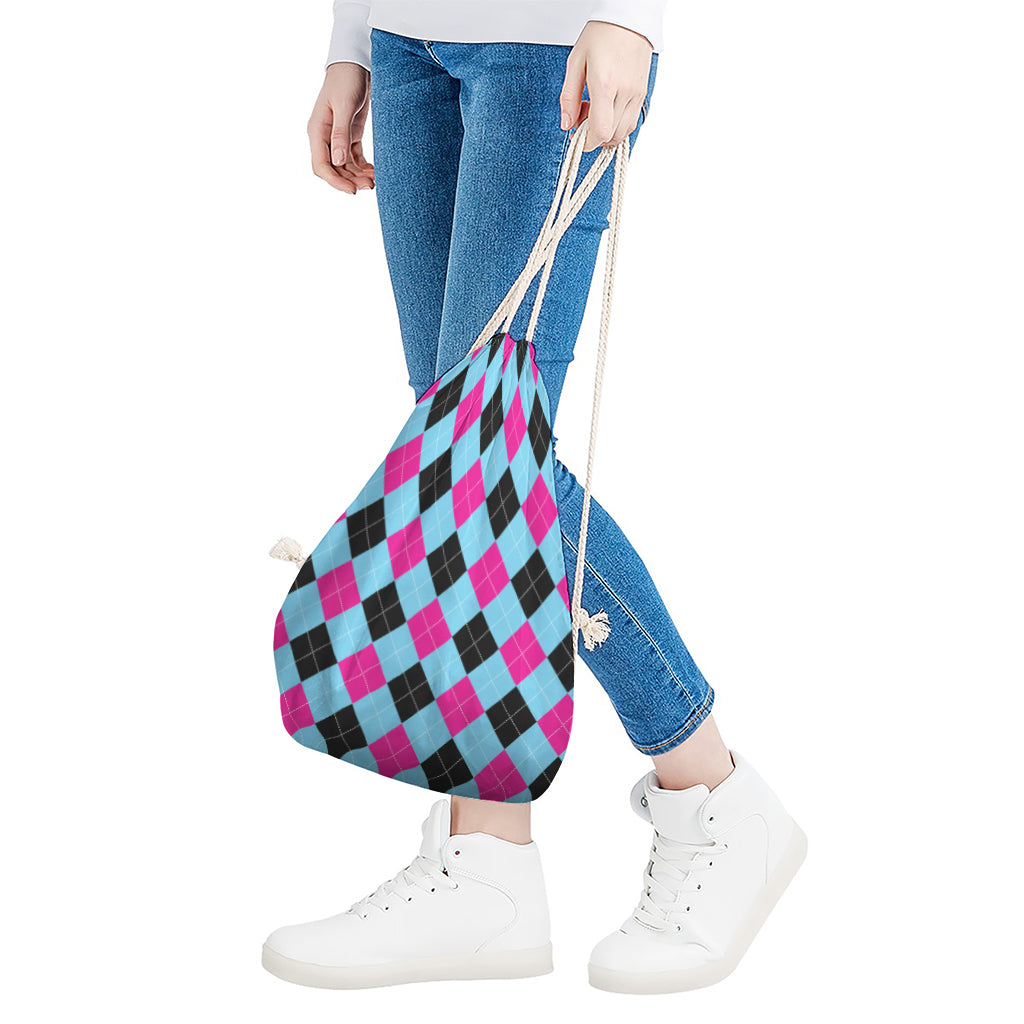 Blue Pink And Black Argyle Pattern Print Drawstring Bag