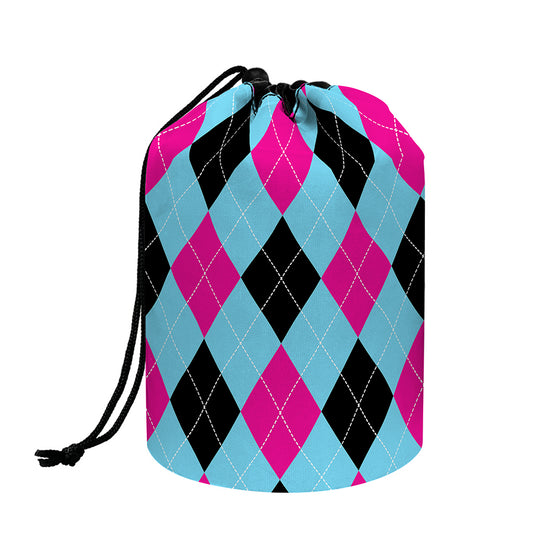 Blue Pink And Black Argyle Pattern Print Drawstring Makeup Bag