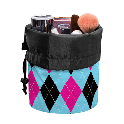 Blue Pink And Black Argyle Pattern Print Drawstring Makeup Bag