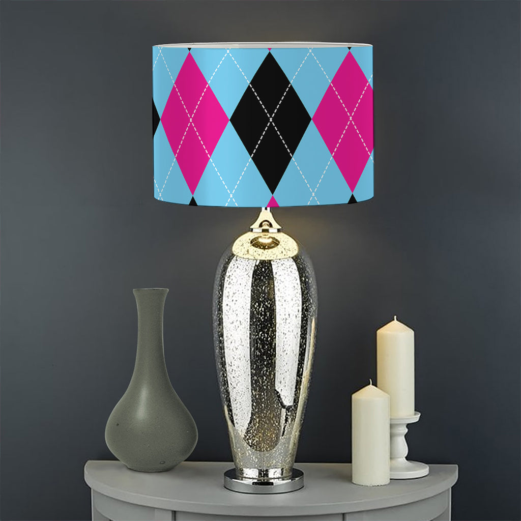 Blue Pink And Black Argyle Pattern Print Drum Lamp Shade