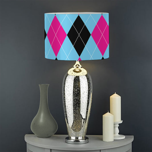 Blue Pink And Black Argyle Pattern Print Drum Lamp Shade