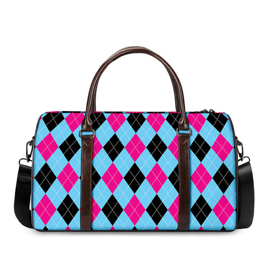 Blue Pink And Black Argyle Pattern Print Duffle Bag