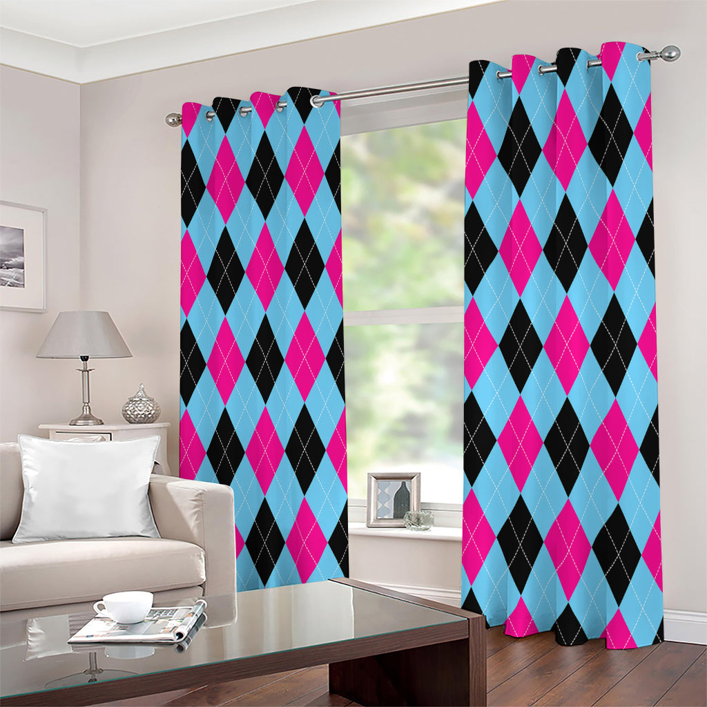 Blue Pink And Black Argyle Pattern Print Extra Wide Grommet Curtains