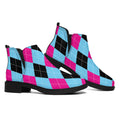 Blue Pink And Black Argyle Pattern Print Flat Ankle Boots