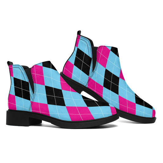 Blue Pink And Black Argyle Pattern Print Flat Ankle Boots