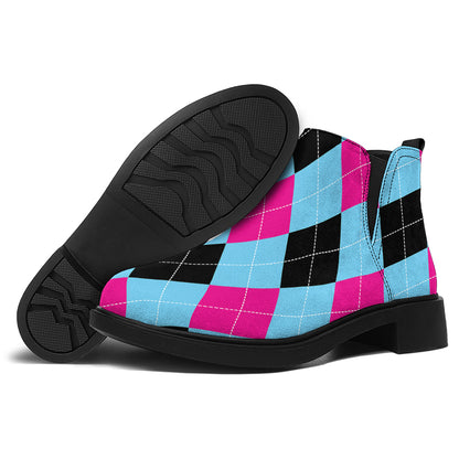Blue Pink And Black Argyle Pattern Print Flat Ankle Boots