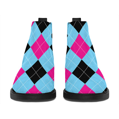 Blue Pink And Black Argyle Pattern Print Flat Ankle Boots