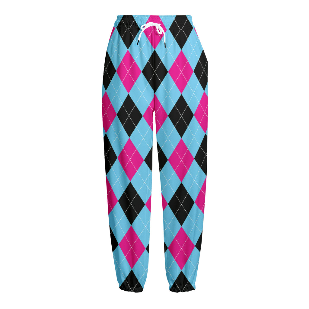 Blue Pink And Black Argyle Pattern Print Fleece Lined Knit Pants