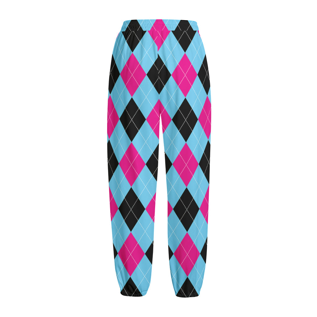 Blue Pink And Black Argyle Pattern Print Fleece Lined Knit Pants