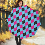 Blue Pink And Black Argyle Pattern Print Foldable Umbrella