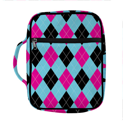 Blue Pink And Black Argyle Pattern Print Front Pocket Bible Bag