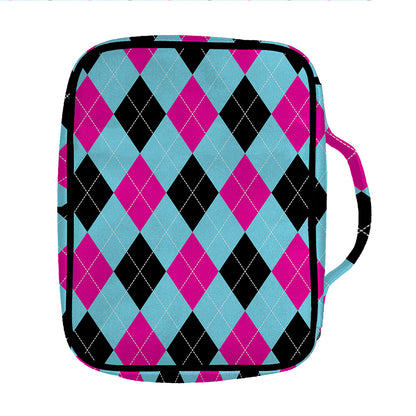 Blue Pink And Black Argyle Pattern Print Front Pocket Bible Bag