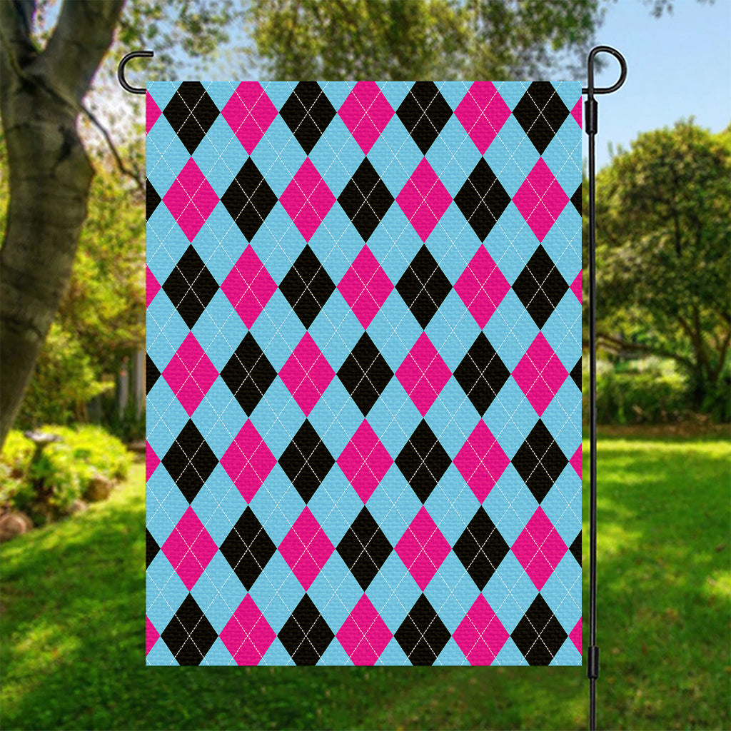 Blue Pink And Black Argyle Pattern Print Garden Flag