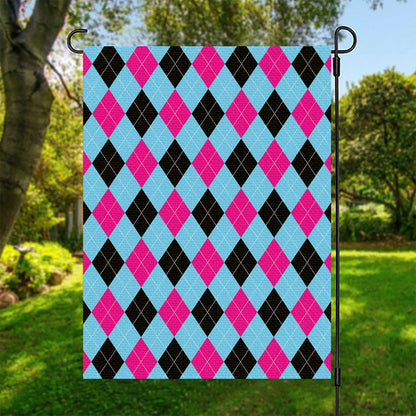Blue Pink And Black Argyle Pattern Print Garden Flag