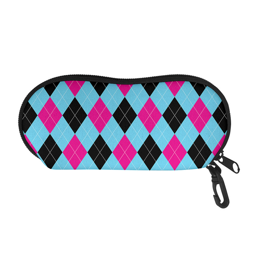 Blue Pink And Black Argyle Pattern Print Glasses Case