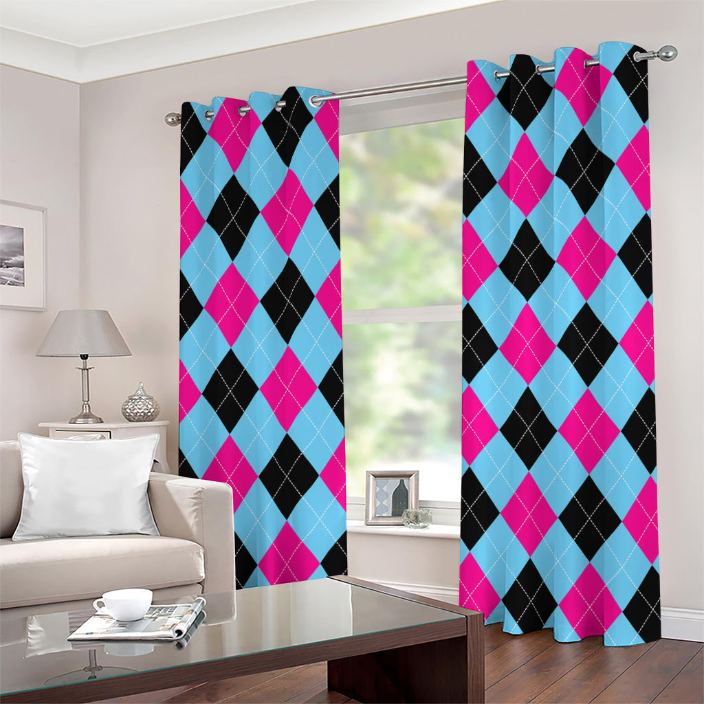 Blue Pink And Black Argyle Pattern Print Grommet Curtains