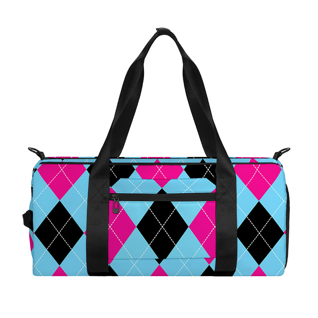 Blue Pink And Black Argyle Pattern Print Gym Bag