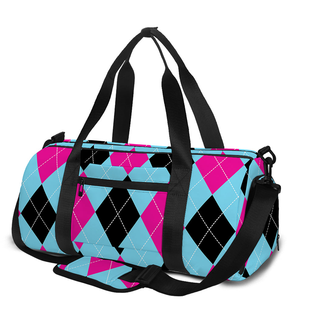 Blue Pink And Black Argyle Pattern Print Gym Bag