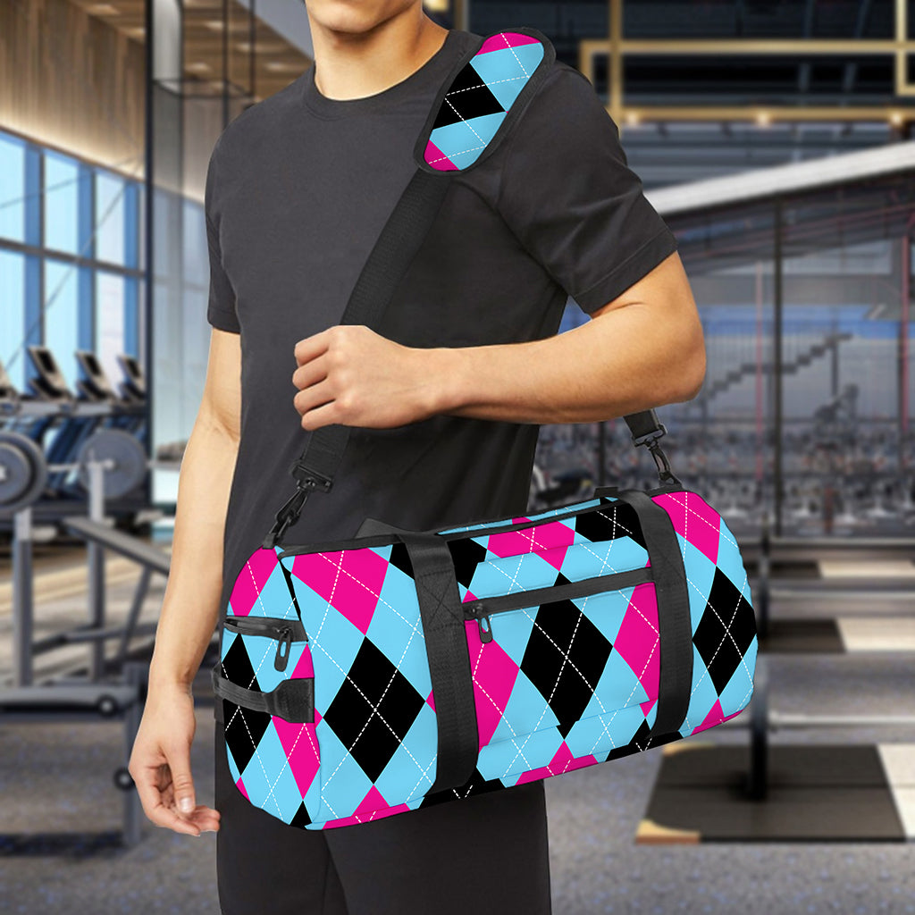 Blue Pink And Black Argyle Pattern Print Gym Bag
