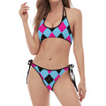 Blue Pink And Black Argyle Pattern Print Halter Scoop Tie Side Bikini