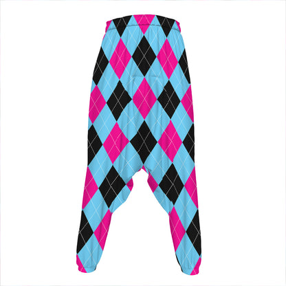 Blue Pink And Black Argyle Pattern Print Hammer Pants