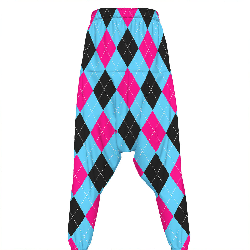 Blue Pink And Black Argyle Pattern Print Hammer Pants