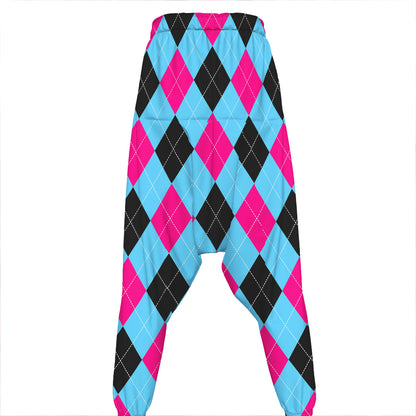 Blue Pink And Black Argyle Pattern Print Hammer Pants